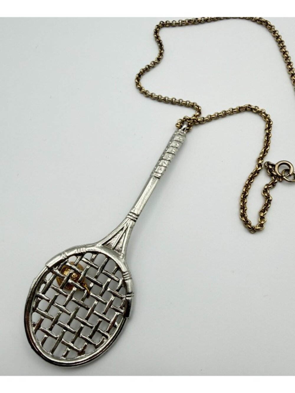 Vintage Tennis Racket Large Pendant Necklace 18" Gold and Silver Tone Sports 80s - Picture 3 of 7